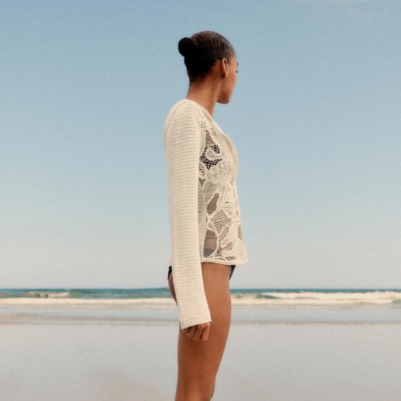 BNWT ZARA COMBINATION KNIT CARDIGAN LONG SLEEVES OFF WHITE/BEIGE MEDIUM - Picture 4 of 11